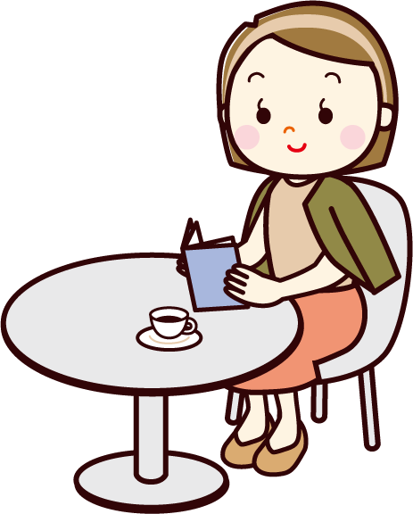 カフェで読書する女の人のイラスト
