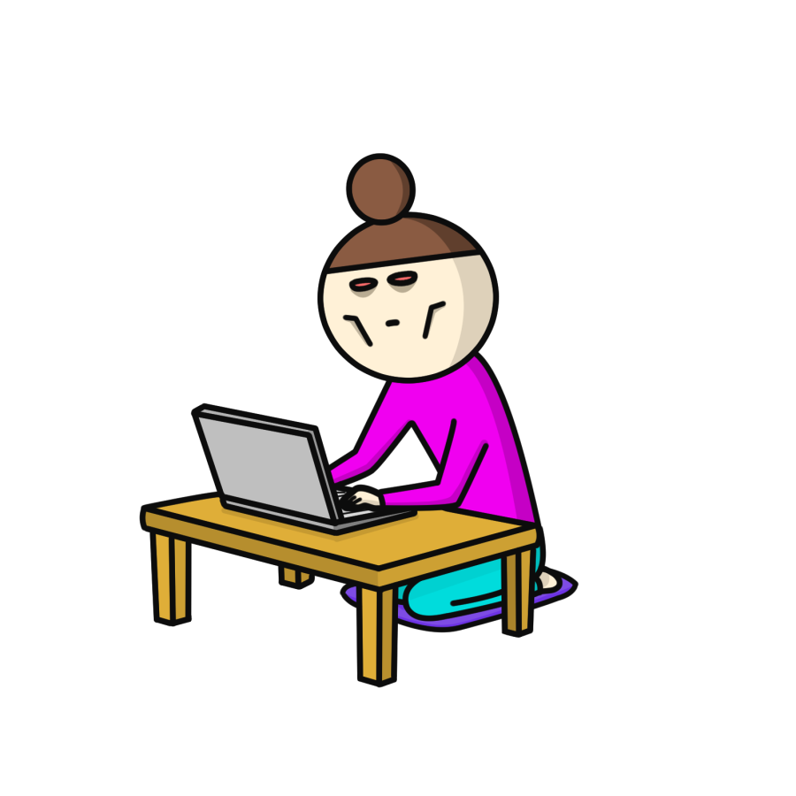 パソコン仕事で徹夜する女の人のイラスト